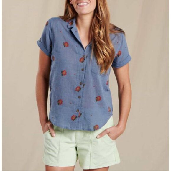 Toad & Co Organic Cotton Coleen Button Down Shirt Small Blue Floral Short Sleeve - Picture 1 of 9